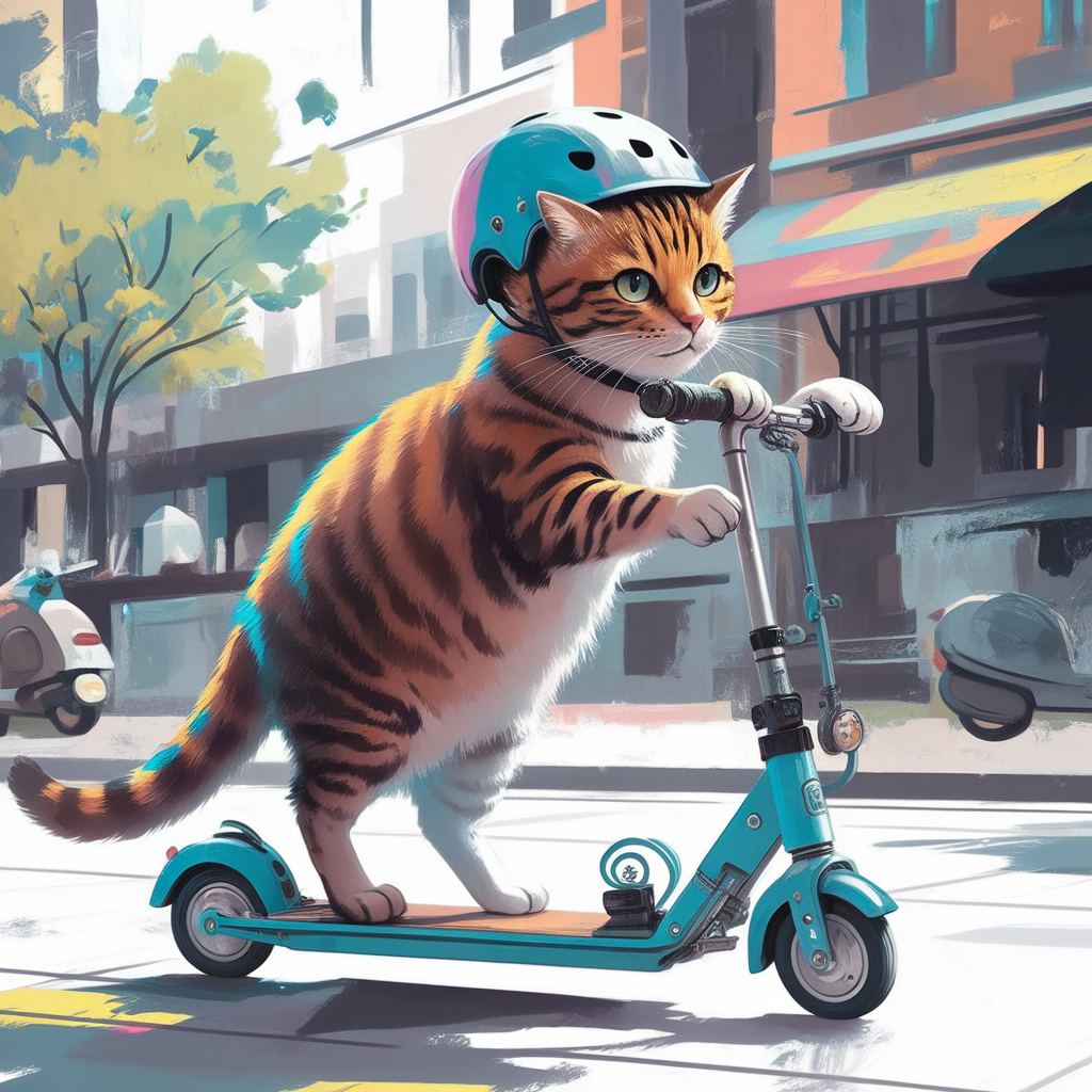 AI generated image by ideogram 2.0: Draw a bright and colorful picture of a cat and a cat riding a scooter Scooter: a light, non-motorized vehicle with two small wheels, a narrow footrest and a vertical steering wheel. The driver stands on the running board and pushes forward, pushing off the ground with one foot. They're driving through the city
