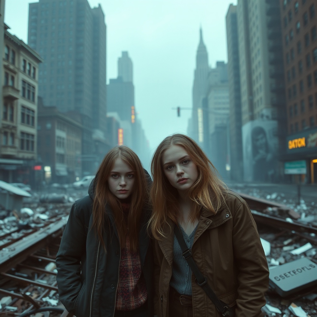 AI generated image by FLUX.1-schnell: young sad couple in a synth-wave desolate post-apocalyptic new york in ruin