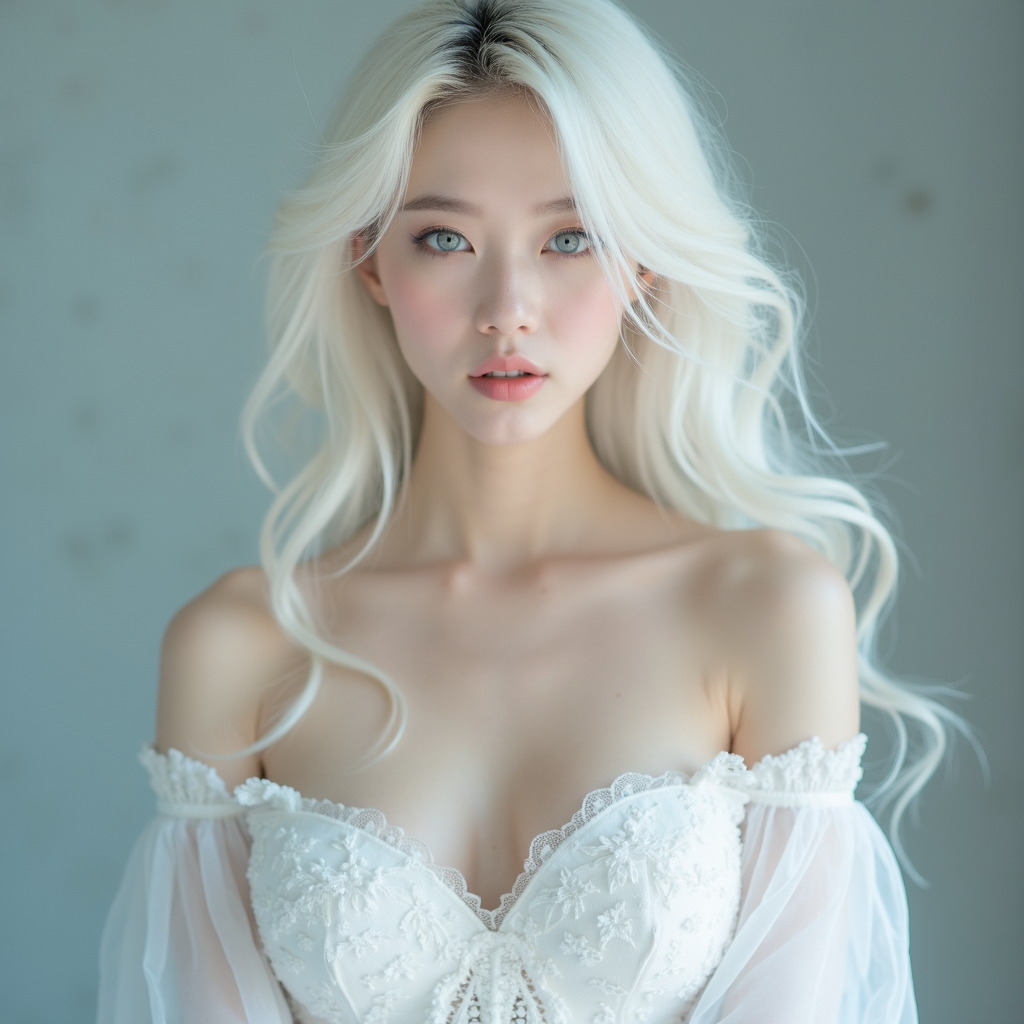 AI generated image by FLUX.1: Close set biggest bosoms beautiful Korean woman,white long hair and blue eyed,skin sparking like a fallen snow,white dress