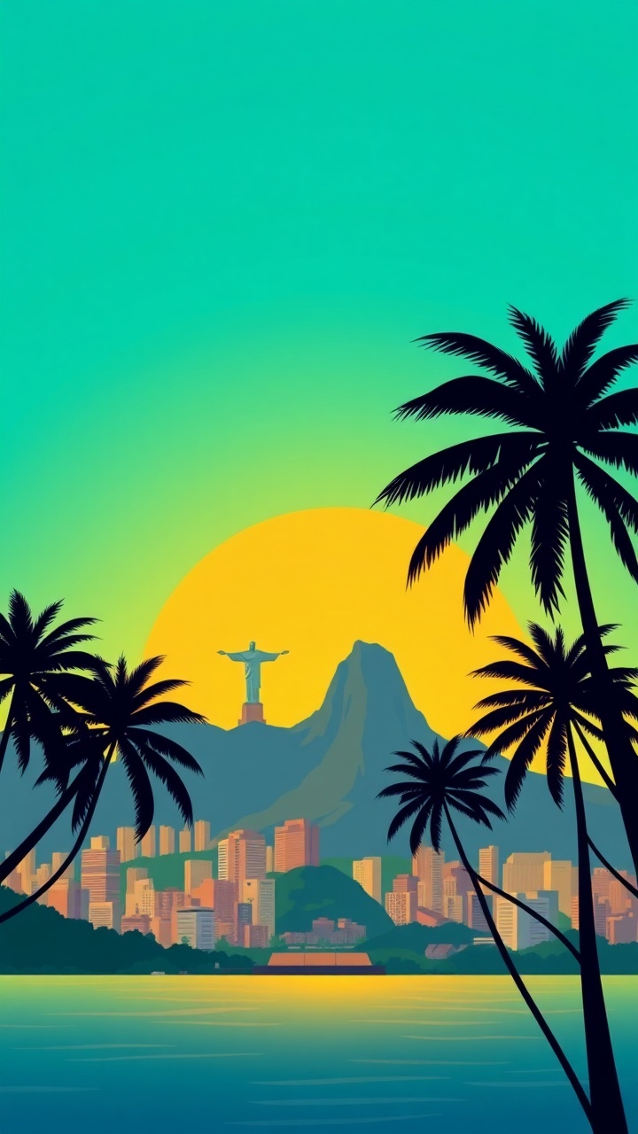 AI generated image by FLUX.1-schnell: A colorful vector illustration of Rio de Janeiro skyline with Christ the Redeemer, Sugarloaf Mountain, and palm trees in silhouette against a vibrant turquoise-to-yellow gradient sky, tropical flat design, 9:16 aspect ratio.