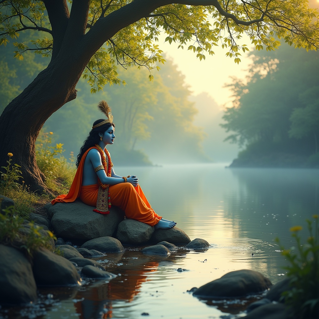 AI generated image by FLUX.1: God Krishna setting near one river bank and natural atmosphere everywhere