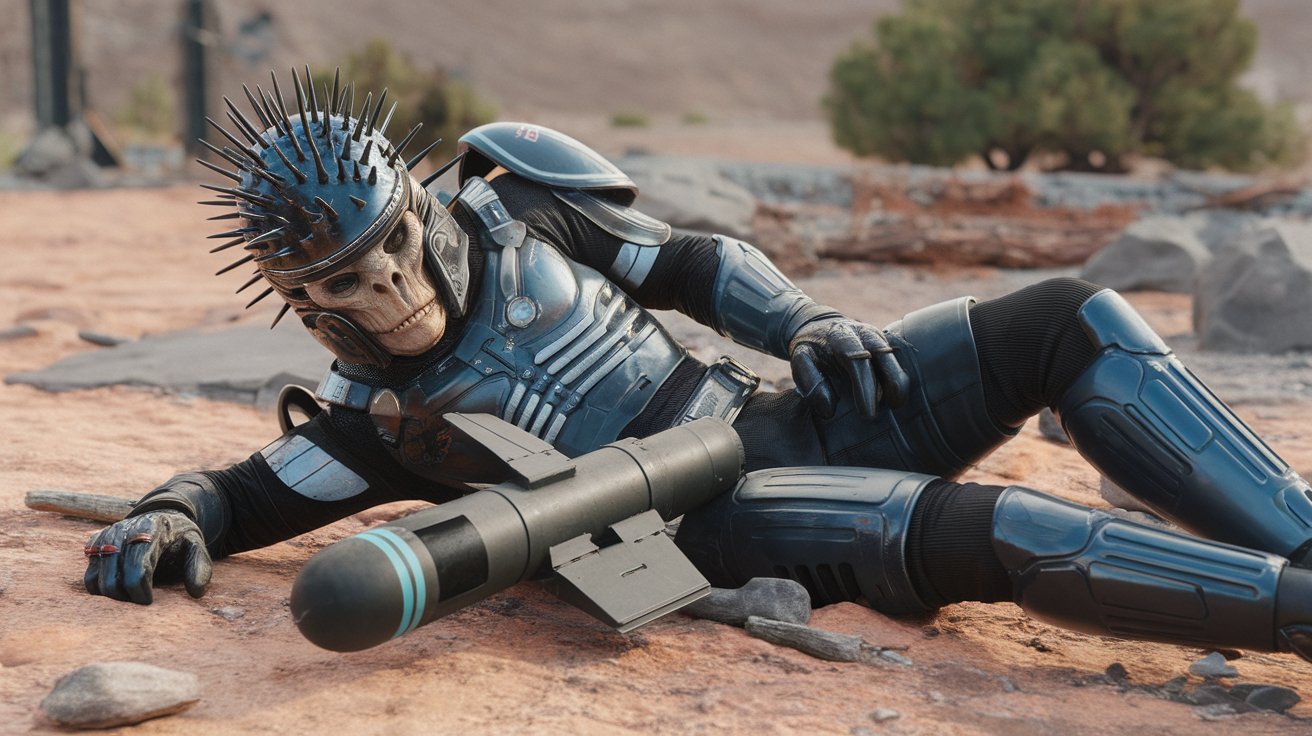 AI generated image by ideogram 2.0: full armor alien hit by missile