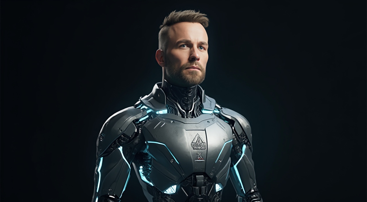 AI generated image by FLUX-Realism-Lora: A photorealistic sci-fi portrait of a starship captain with a humanoid robotic body and the exact head from the provided image. The captain's face is highly detailed, preserving natural skin texture, realistic lighting, and subtle facial expressions. His head is seamlessly integrated onto a futuristic android body, made of a sleek metallic exoskeleton with high-tech joints, glowing blue circuits, and mechanical plating. The robotic body has a strong, commanding posture, with shoulders broad and a chest panel featuring subtle engraved insignia of a galactic fleet. He should be staying front
The captain is standing on the dark background . HE should be 40 years old with hair, without a beard
The composition is highly cinematic, with sharp details, dramatic contrast, and a sense of leadership and authority. The captain’s uniform integrates both robotic plating and subtle fabric elements, making it a hybrid of advanced machinery and human design. The overall mood is epic and powerful, capturing the essence of a legendary space commander.
The final image should be ultra-realistic, highly detailed, and immersive, ensuring the perfect fusion of human and machine in a cutting-edge sci-fi universe