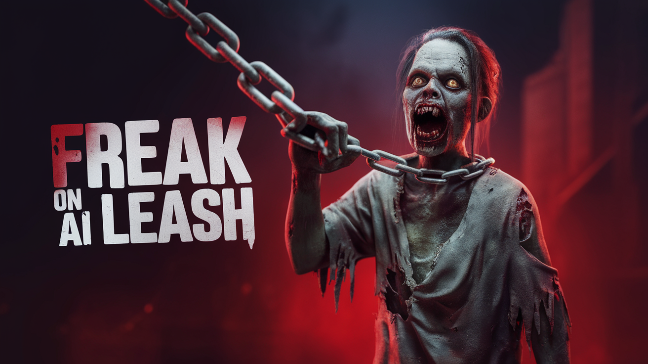 AI generated image by ideogram 2.0: A logo for the horror movie company "Freak On Ai Leash" that is inspired by a creative interpretation of what it means to be a freak on a leash