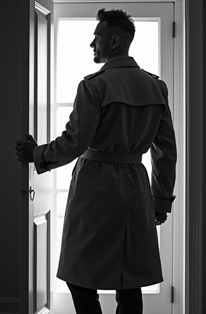 AI generated image by FLUX.1-image-to-image: black-and-white photo with the broad-shouldered silhouette of a man in a trench coat standing in a doorway coming in.
The man holding the door handle, as if he just entered the room.