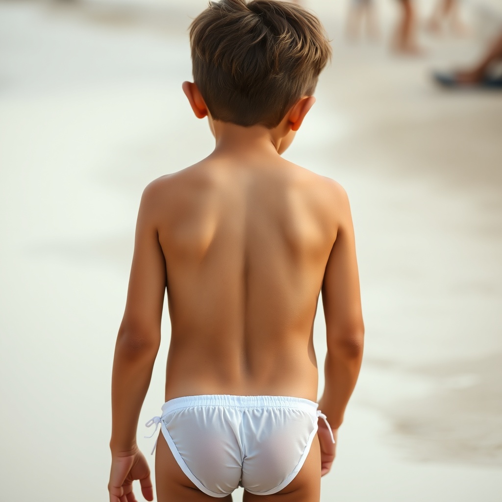 AI generated image by FLUX.1-schnell: A 12-year-old boy wearing a tight, see-through string bikini has his back to the camera and is leaning forward.