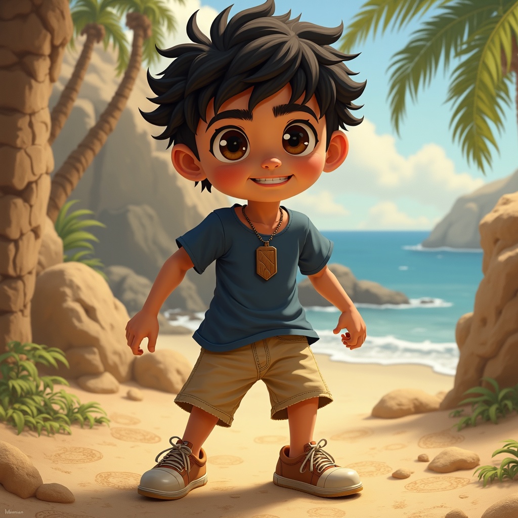 AI generated image by FLUX.1: A 14-year-old Arab boy with medium-tan skin, short messy black hair, and bright brown eyes full of curiosity and intelligence. He wears a simple navy-blue t-shirt, sandy-colored shorts, and old, worn sneakers that show he's always on the move. Around his neck hangs a small wooden pendant—an heirloom from his grandfather. His appearance reflects energy, courage, and a hint of mischief. His facial expression blends excitement and determination.
The character is set in a coastal village, with a backdrop of the sea or an ancient treasure map for added atmosphere.