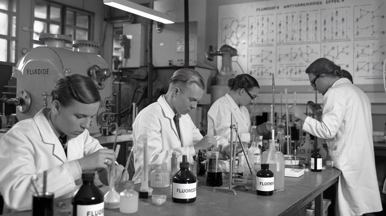 AI generated image by ideogram 2.0: 一张黑白照片,展示了一间20世纪50年代的化学实验室。几位科学家穿着白色实验服,专注地进行实验操作。桌面上摆放着各种试剂瓶和实验器具,其中一些瓶子上标有“氟化物”字样。背景中有大型的实验设备和墙上的化学结构图,代表着当时对氟化物防龋效果的研究