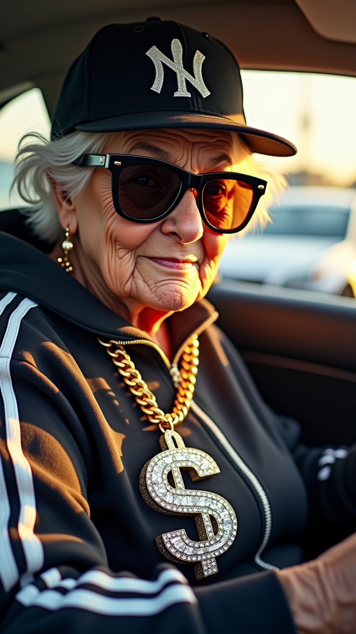 AI generated image by FLUX.1: Image type: digital illustration, portrait, bright saturated colors, daylight.
The main object: a cool old granny driving an expensive car, filmed from the street through an open car window. She is dressed in a classic Adidas tracksuit with stripes, large fashionable black square sunglasses with pronounced corners and massive frames, and a rapper baseball cap with an even visor and the NY corporate logo folded into a well-known stylish design. Around her neck is a massive gold Bismarck chain with a huge platinum pendant in the form of a dollar sign "$" encrusted with diamonds, which sparkles in the sun. Her cheeky, disdainful expression demonstrates her status and brash style.
Composition and perspective: shooting from the street through an open car window, a long shot, emphasizing her dominant and confident image.
The bright sun creates spectacular glare on her glasses, pendant and hood of the car.
Atmosphere and mood: a combination of charisma, humor and street coolness. The day, the rich colors, the feeling of movement, freedom and power. This granny knows what style is and how to manage her life.
Art style and effects: digital painting in the style of realism with elements of pop art. Contrasting colors, sun glare, the radiance of gold and diamonds, bright lighting that highlights the details.