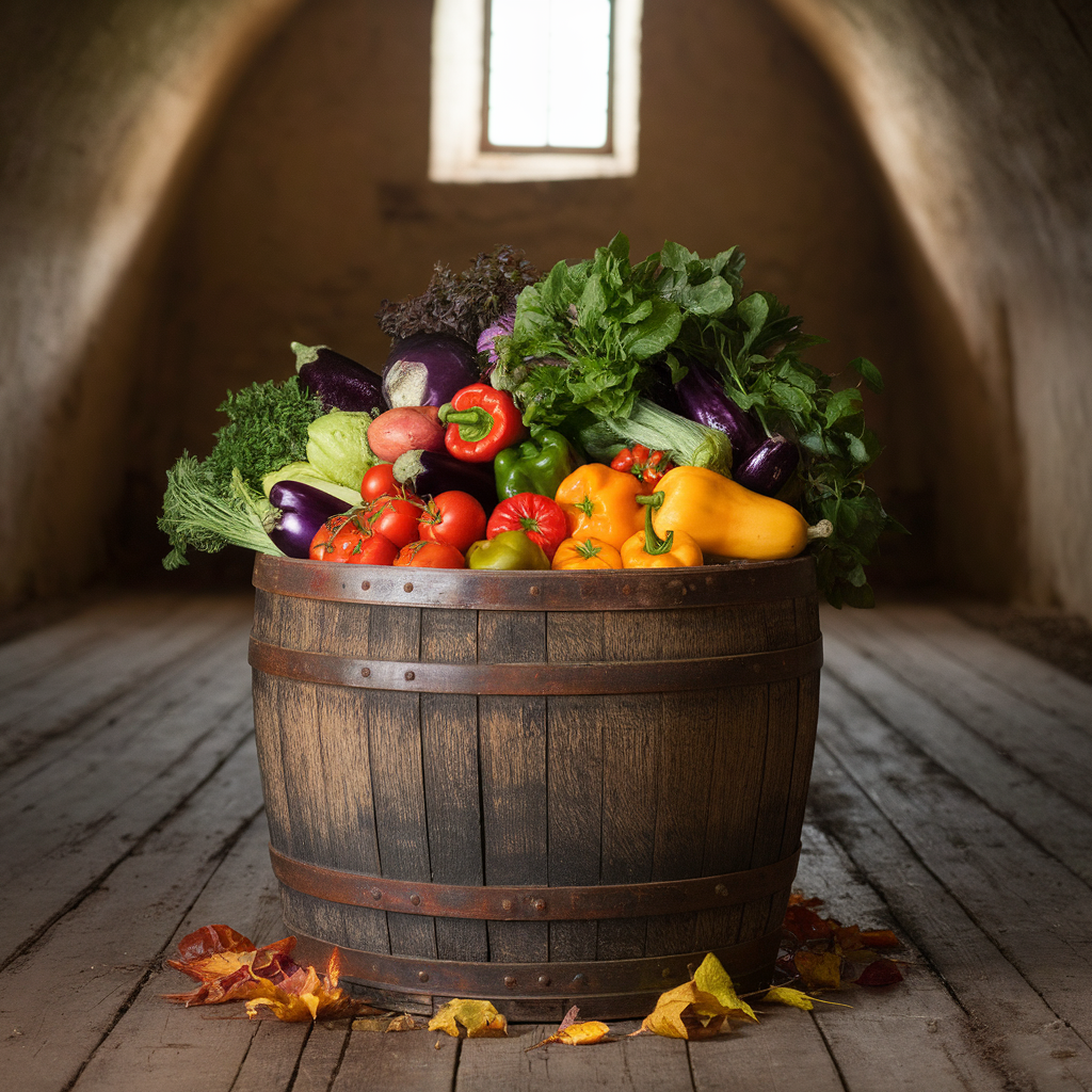 AI generated image by ideogram 2.0: A photograph of an antique oak barrel overflowing with a colorful assortment of fresh vegetables. Bright red tomatoes, vibrant green bell peppers, deep purple eggplants, and sunny yellow squash are artfully arranged within the barrel, showcasing their textures and shapes. The barrel sits on a weathered wooden floor in a rustic cellar, illuminated by a single shaft of natural light filtering through a high window, creating a warm and inviting atmosphere. Scattered around the base of the barrel are a few fallen leaves, adding a touch of autumnal charm.