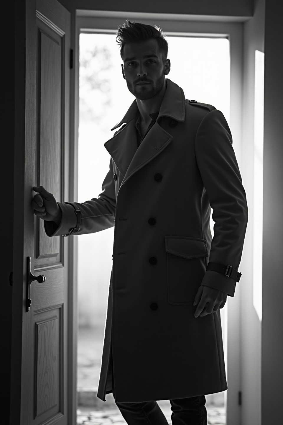 AI generated image by FLUX.1-image-to-image: black-and-white photo with the backlit dark silhouette of a handsome broad-shouldered man in a trench coat standing in a doorway coming and looking to camera.
The man touching the door, as if he just entered the room. God rays. Backlight. Overexposed street background