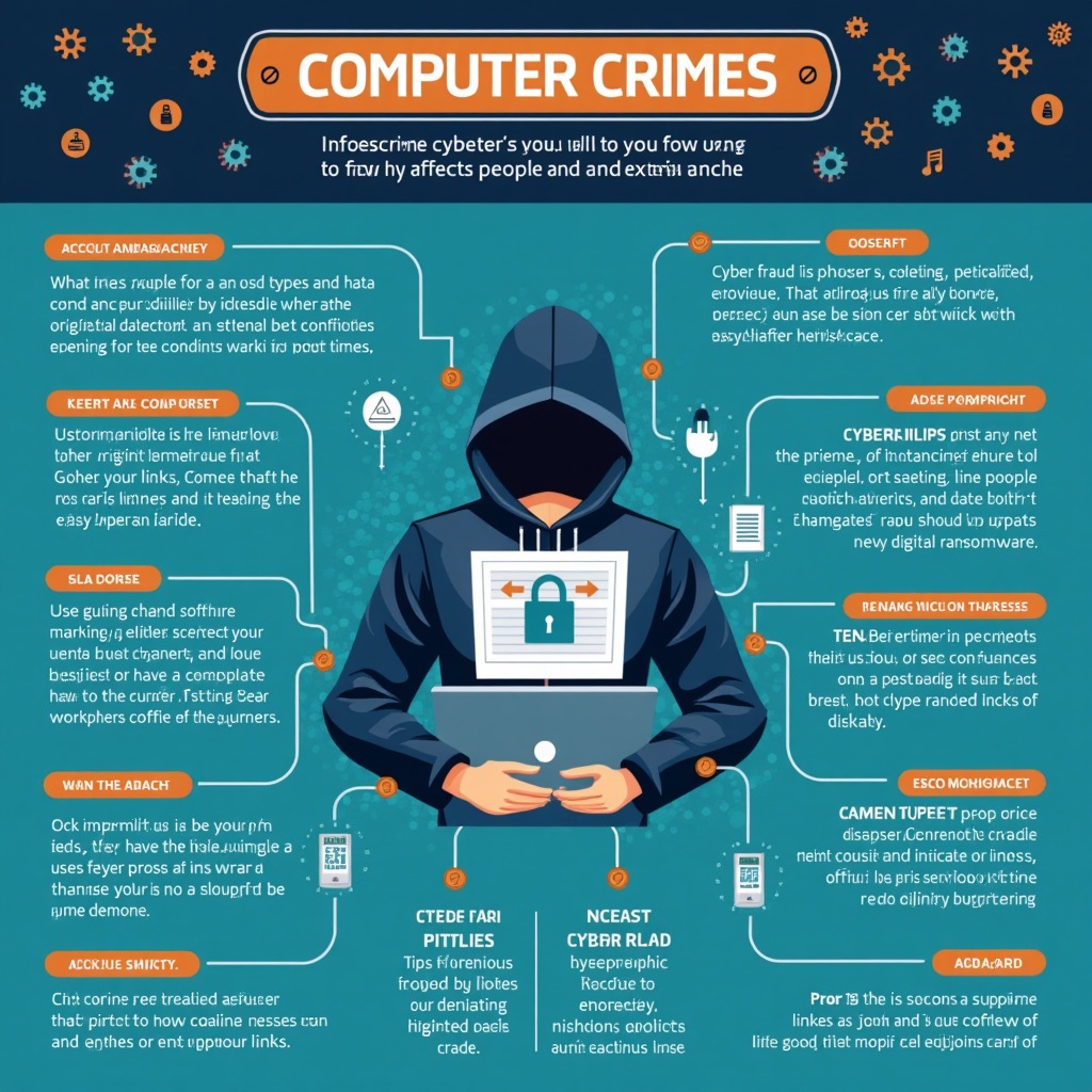 AI generated image by FLUX.1: Create an informative infographic about cybercrime, briefly explaining what it is and how it affects people and organizations.
The title should be COMPUTER CRIMES
Include the most common types of crime such as cyber fraud, phishing, data theft, cyber bullying, digital vandalism, and malware/ransomware. Add practical tips on how to protect yourself, such as keeping software up to date, using strong passwords, enabling two-factor authentication, and not clicking on suspicious links. Incorporate current statistics on the growth of cybercrime and end with a recommendation on the importance of cybersecurity. Use an attractive visual design with technological icons, eye-catching colors, and clear, legible fonts.
