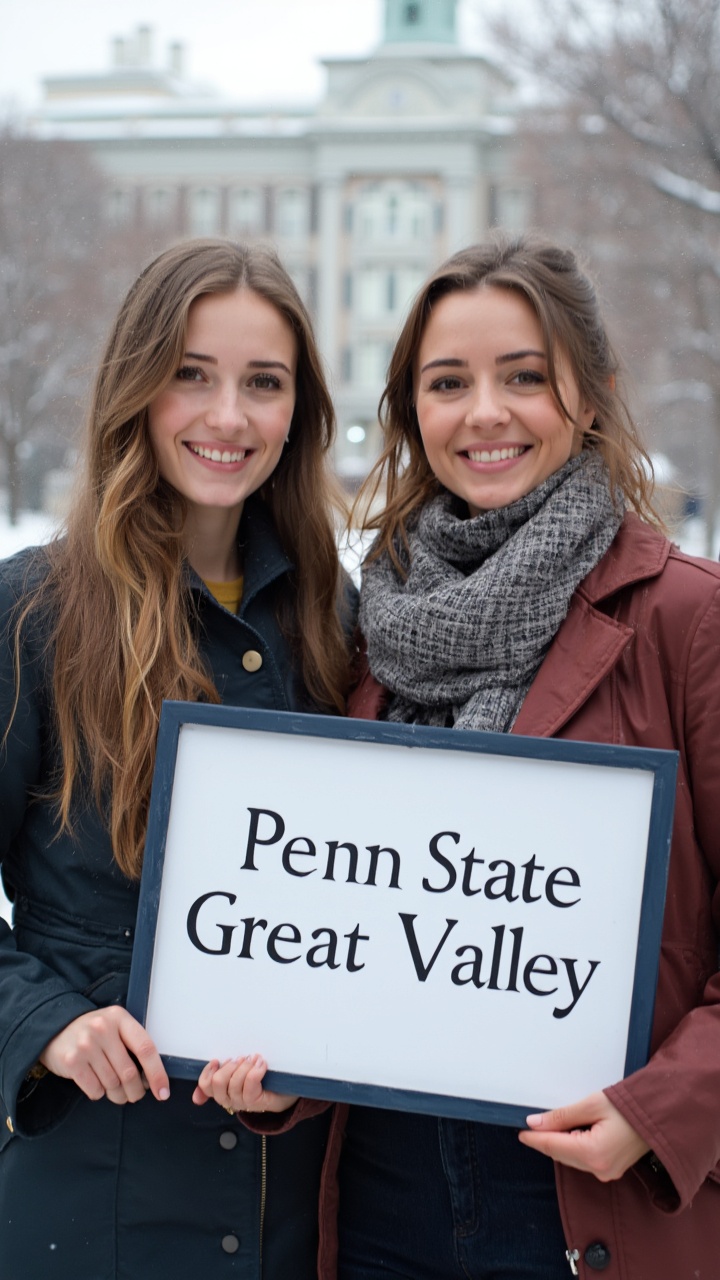 AI generated image by FLUX-Realism-Lora: Two American young ladies, very attractive, holds a sign that says "Penn State Great Valley". Make sure the spelling is accurate. Dressed professionally. Pale skin. Light makeup. In front of a snow-covered building.