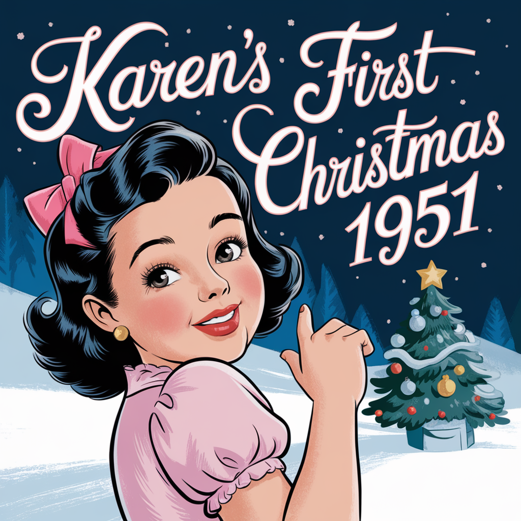 AI generated image by ideogram 2.0: karen's first christmas 1951 pink text design