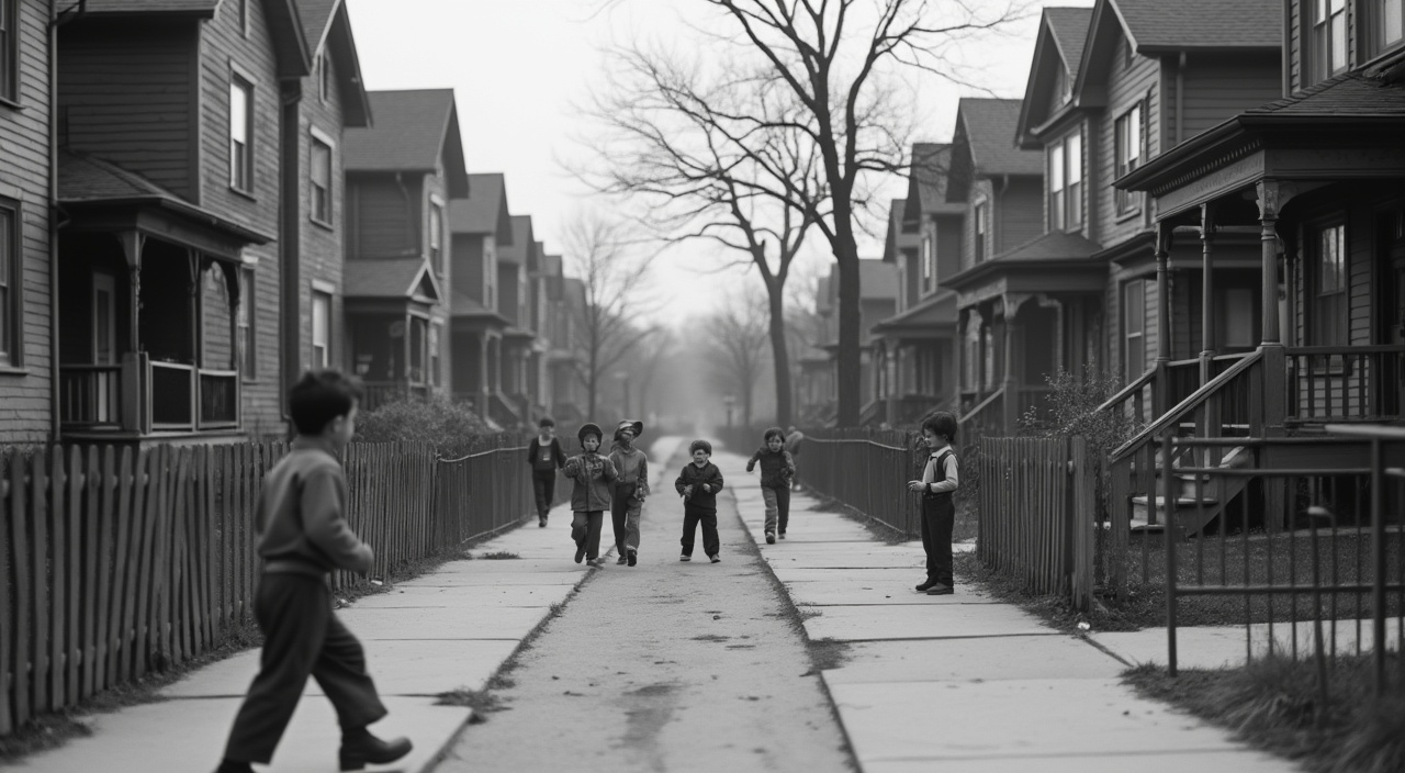 AI generated image by FLUX.1-pro: 1. "Fotografía en blanco y negro de un vecindario de clase media en Queens, Nueva York, en los años 40, con casas tradicionales y niños jugando en la calle