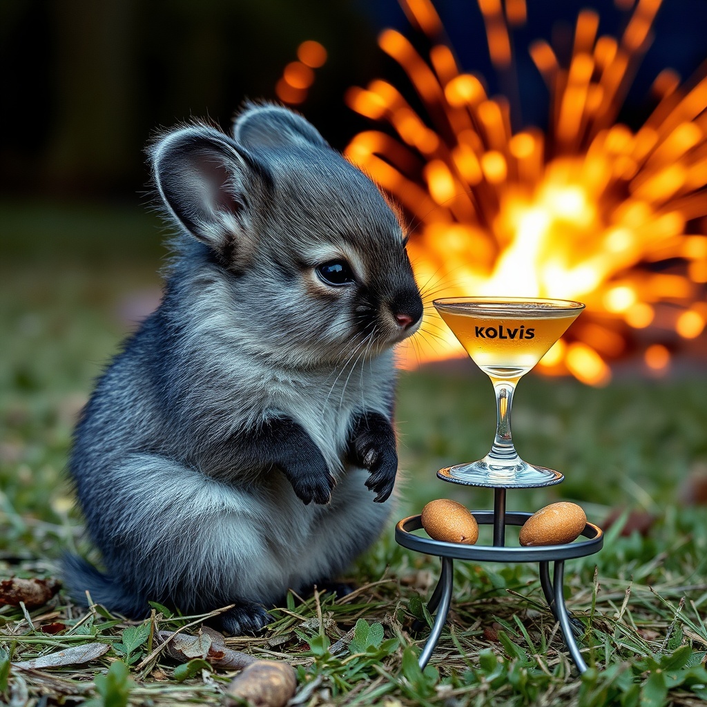 AI generated image by FLUX.1-schnell: Ein Kaninchen mit dunkelgrauem Fell sitzt auf einer Wiese. Daneben steht ein kleiner Tisch gedeckt mit einem Cocktail und Knabbersachen. Im Hintergrund explodiert ein Feuerwerk weshalb das Kaninchen ängstlich guckt