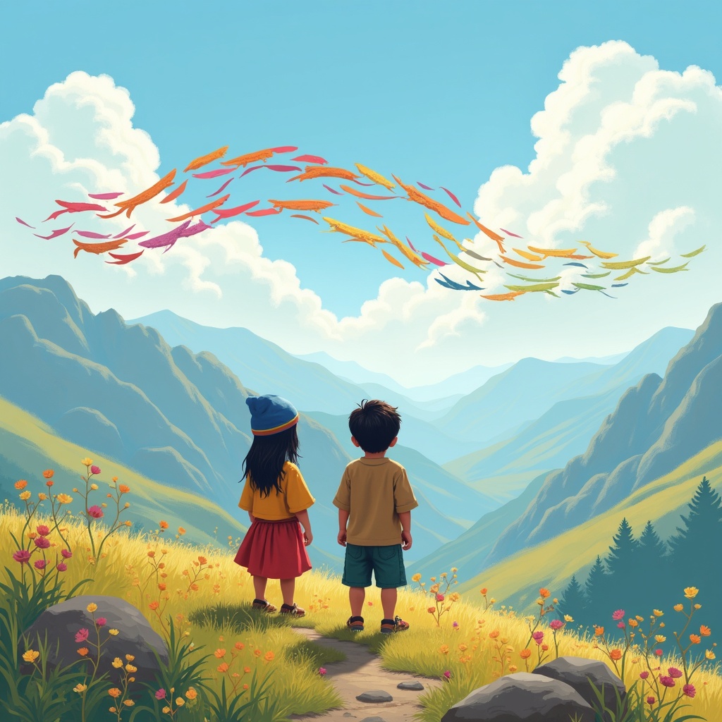 AI generated image by FLUX.1: Prompt:
Niรฑos andinos รusta y Amaru observan una trenza de hilos de colores flotando sobre un paisaje de montaรฑas. Cielo despejado, estilo infantil cรกlido, cultura quechua, ambiente mรกgico.