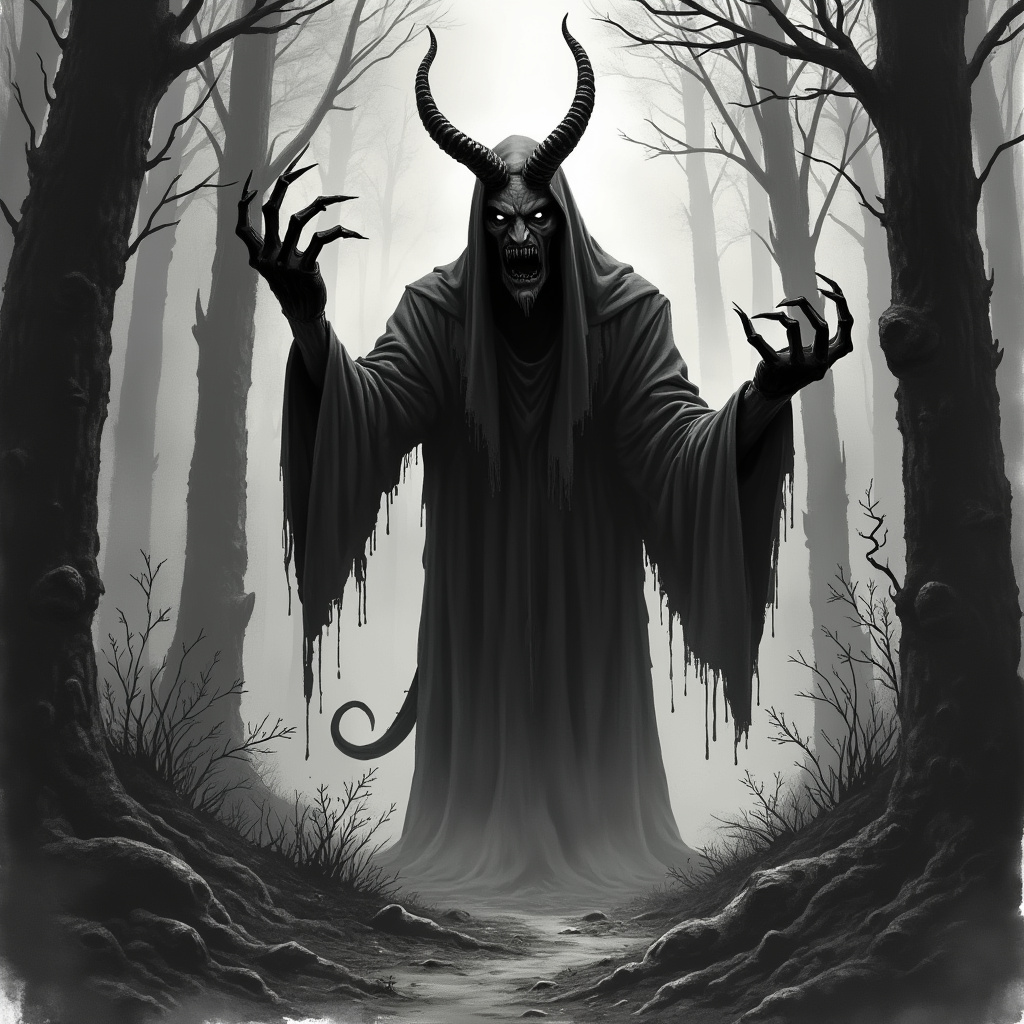AI generated image by FLUX.1-pro: in creepy forest, a demon spirit, have four hands with skinny fingers long nails, no legs, long tail and two horn in his head, floating shadowy robes, dark horror tone, 2K, ink sketch