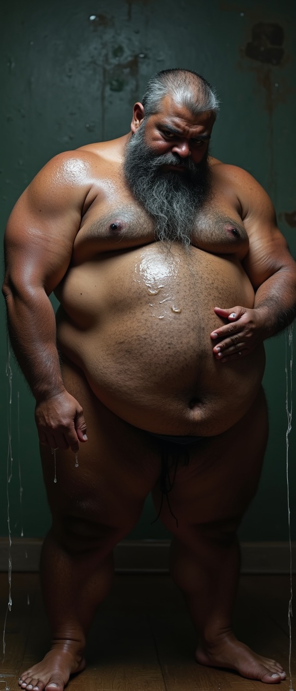 AI generated image by FLUX.1: Danny who is a big pot bellied, obese, dark skinned, hairy, grey haired, lustful, macho, matured hairy dark Tamil alpha male math teacher with thick eyebrows, full plump lips, thick beard and very big beefy and muscular chests is holding Tommy, a stocky student. Danny and Tommy are having a secret affair after class. Both Danny and Tommy are completely naked without clothes on and wet all over. Tommy is caressing Danny's masculine, hairy, big, fat, dark skinned pot round belly with a big belly button. Danny's dark skinned big hairy belly has a big round belly button that is deep. Danny also has fat beefy thighs and big feet. Danny is hugging Tommy very close with both his big strong arms and is spitting a lot of wet strands of saliva in Tommy's wide open mouth with his tongue out. The saliva runs down all over Danny's beard, his big hairy belly, thick thighs and his thick feet. Danny has a thick, erect penis with low hanging scrotum which is drenched in saliva.