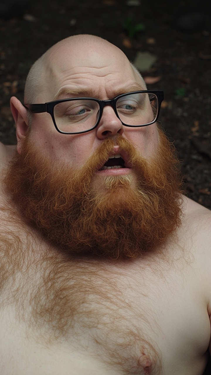 AI generated image by FLUX-Realism-Lora: big dick white bear-type gay man with glasses and a ginger trimmed beard, he lays down on the ground, completely naked and exposed.