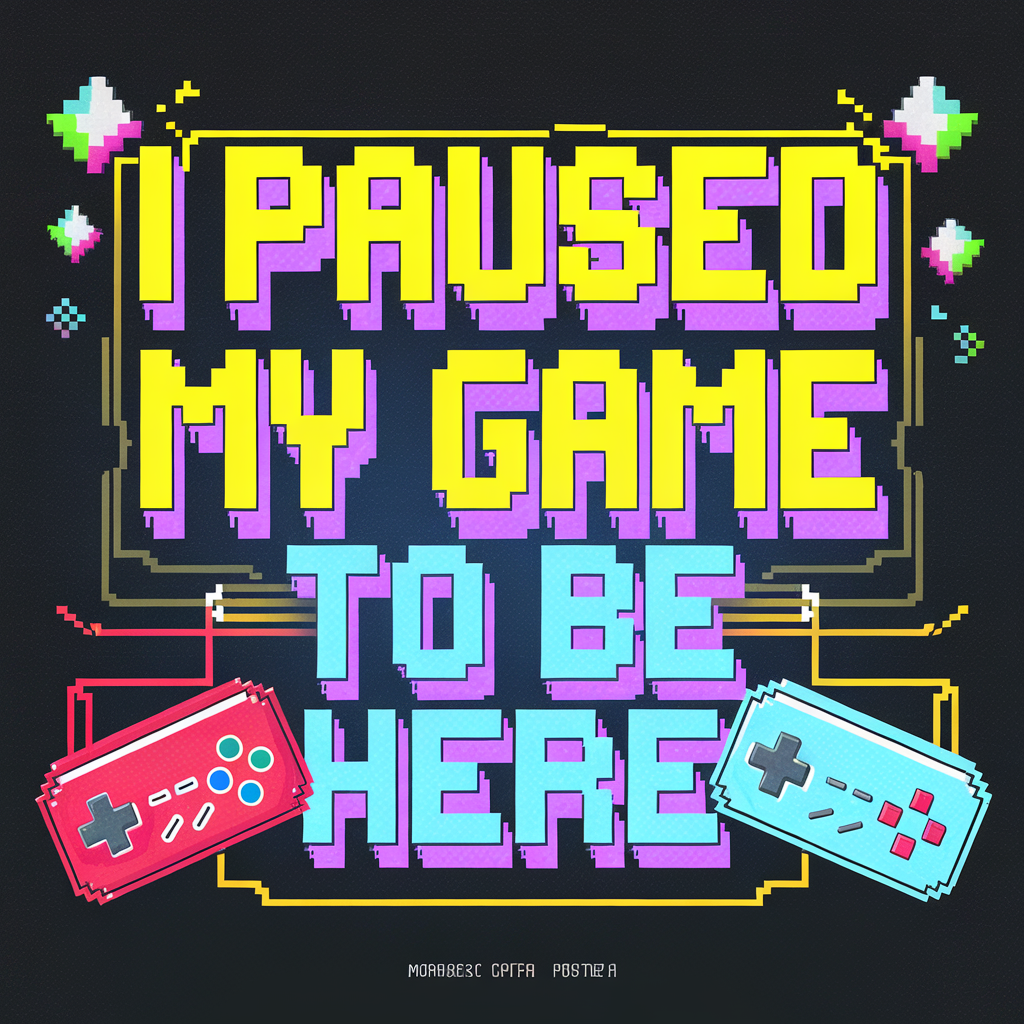 AI generated image by ideogram 2.0: A pixel art-inspired retro gaming poster with the text "I Paused My Game to Be Here." The design is bold and colorful, with a digital pixel font that evokes the style of 8-bit video games. The words "Paused" and "My Game" are in large blocky text, filled with a vibrant gradient of yellow and pink, creating a 3D effect with shadowed edges. "To Be Here" is displayed in a mix of bright pink and light blue, with smaller-sized text but still highly visible. The background is dark, providing high contrast with the bright colors. There are playful, gaming-related elements surrounding the text, such as colorful pixel stars, geometric shapes, and two retro game controllers on either side of the design. The controllers are colored in red and blue, with wires extending and wrapping around the text. A loading bar element sits at the bottom, adding to the gaming theme. The overall mood is fun, nostalgic, and captures the vibrant spirit of old-school video games.