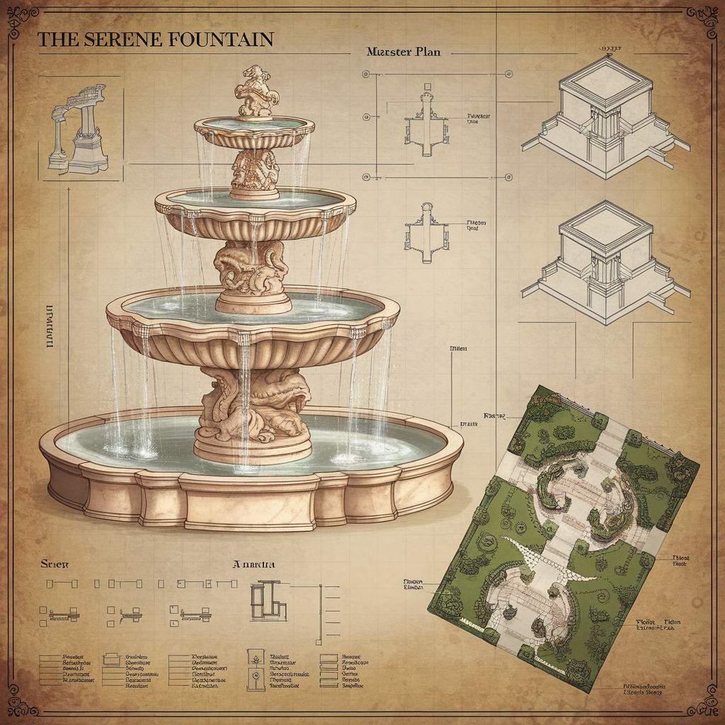 AI generated image by ideogram 2.0: A detailed architectural blueprint illustration showcases "The Serene Fountain" as its central focus, surrounded by technical drawings and a comprehensive master plan. The fountain itself is depicted as a tiered marble structure with intricate carvings of mythical creatures, water gracefully cascading down its levels, reflecting a soft, golden light. Several detailed orthographic projections of the fountain’s components sit alongside a stylized aerial view of the surrounding landscape, including walkways and manicured gardens, labeled with precise measurements and annotations. A faint, aged parchment texture overlays the entire design sheet, lending it a classic, professional aesthetic with a subtle grid pattern in the background.