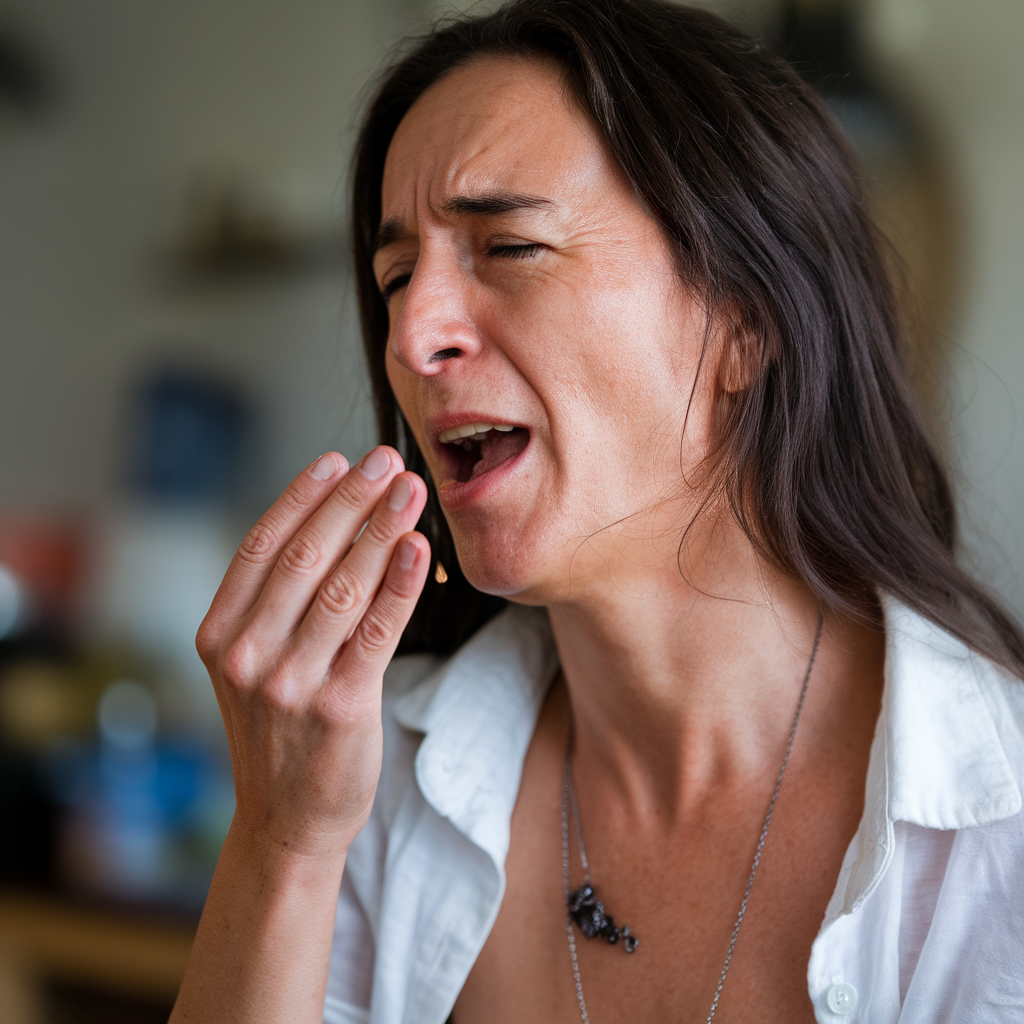 AI generated image by ideogram 2.0: Uma linda mulher de 40 anos escupindo o próprio corpo