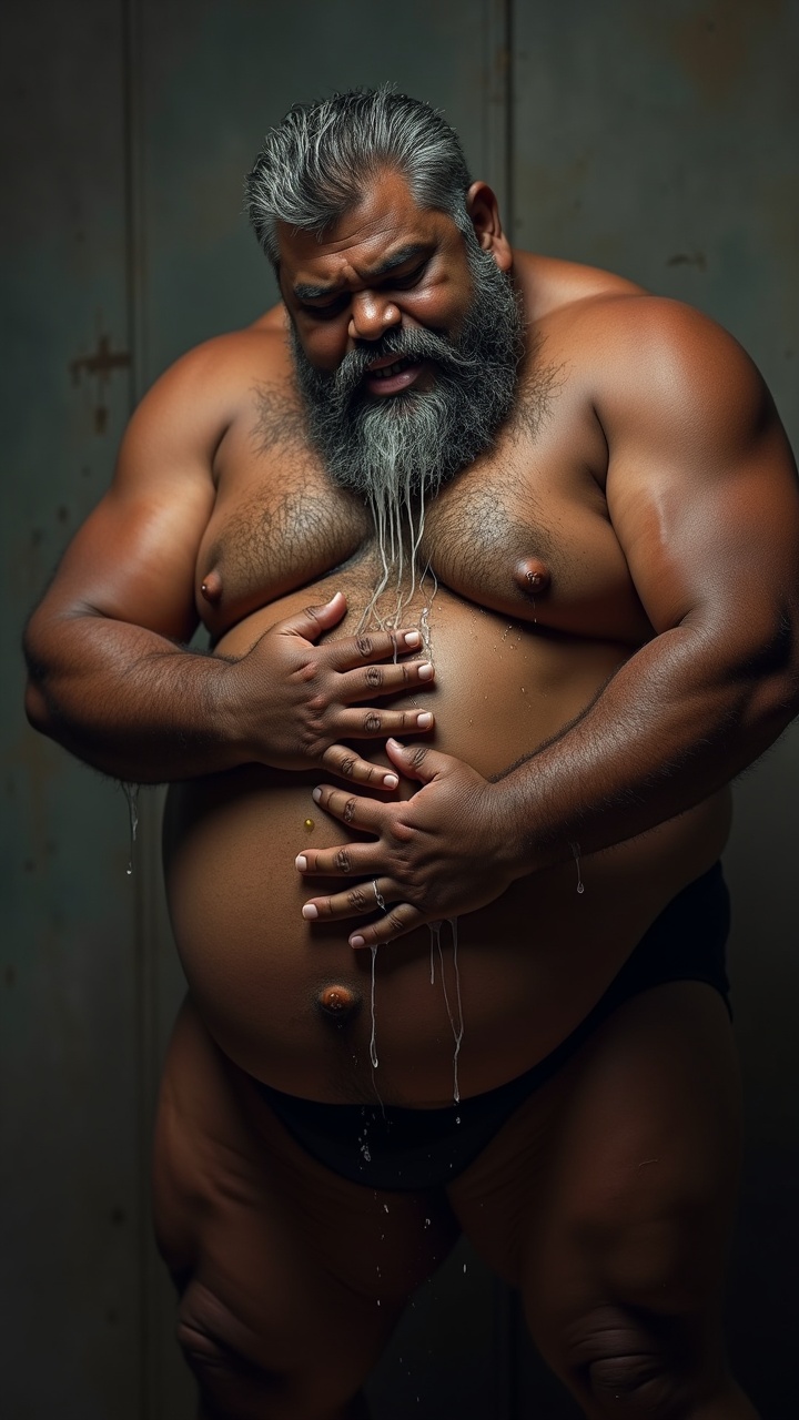 AI generated image by FLUX.1: Danny who is a big pot bellied, obese, dark skinned, hairy, grey haired, lustful, macho, matured hairy dark Tamil alpha male math teacher with thick eyebrows, full plump lips, thick beard and very big beefy and muscular chests is holding Tommy, a stocky student. Danny and Tommy are having a secret affair after class. Both Danny and Tommy are completely naked without clothes on and wet all over. Tommy is caressing Danny's masculine, hairy, big, fat, dark skinned pot round belly with a big belly button. Danny's dark skinned big hairy belly has a big round belly button that is deep. Danny also has fat beefy thighs and big feet. Danny is hugging Tommy very close with both his big strong arms and is spitting a lot of wet strands of saliva with in Tommy's wide open mouth who is sticking his tongue out for Danny. The saliva runs down all over Danny's beard, his big hairy belly, thick thighs and his thick feet. Danny has a thick, erect penis with low hanging scrotum which is drenched in saliva.