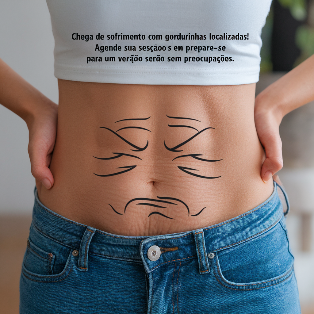 AI generated image by ideogram 2.0: Uma barriga com uma expressΓ£o de cansaΓ§o e estresse desenhada com pregas de tecido, como se estivesse "esmagada".
Texto: "Chega de sofrimento com gordurinhas localizadas! Agende sua sessΓ£o e prepare-se para um verΓ£o sem preocupaΓ§Γ΅es."