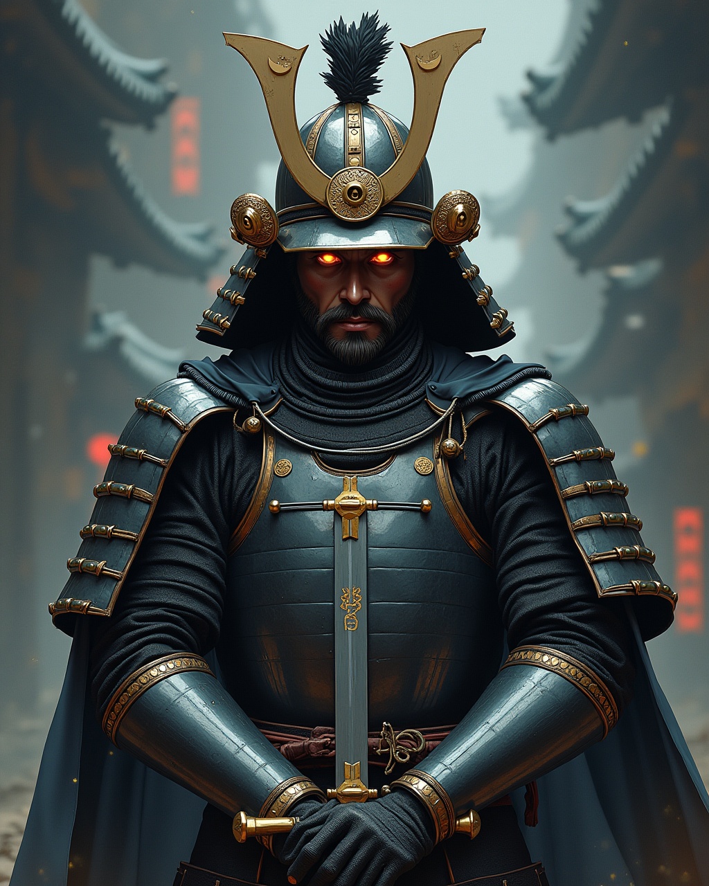 AI generated image by FLUX.1: In the iconic anime illustration style of Yoji Shinkawa, a modern samurai stands tall, his metallic armor gleaming in the faint light. The details of his finely crafted sword glint in the reflection of his steely gaze. This striking image, resembling a sophisticated painting, captures the essence of strength and honor. The intricate design of the samurai's armor and the intensity in his eyes create a powerful and captivating scene, showcasing the artist's exceptional talent for conveying emotion through exquisite detail.