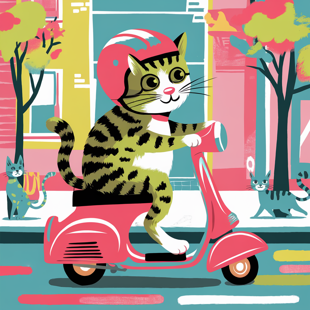 AI generated image by ideogram 2.0: Draw a bright and colorful picture of a cat and a cat riding a scooter Scooter: a light, non-motorized vehicle with two small wheels, a narrow footrest and a vertical steering wheel. The driver stands on the running board and pushes forward, pushing off the ground with one foot. They're driving through the city