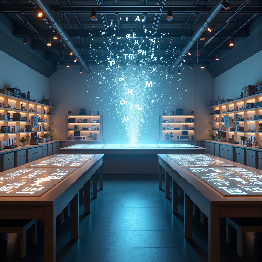 AI generated image by FLUX.1: Un laboratorio creativo en un ambiente futurista, con mesas llenas de elementos abstractos representando sรญmbolos, sonidos y gramรกtica: frascos con letras flotando, ecuaciones lingรผรญsticas en pizarras digitales, y hologramas mostrando palabras en evoluciรณn. En el centro del laboratorio, un dispositivo brillante combina estas 'sustancias lingรผรญsticas' y genera un idioma nuevo, representado como un haz de luz multicolor o palabras en lenguas ficticias flotando en el aire. El ambiente debe transmitir innovaciรณn, creatividad, y un enfoque cientรญfico en la creaciรณn de lenguas. Iluminaciรณn suave, con detalles que sugieran un entorno acadรฉmico pero imaginativo.