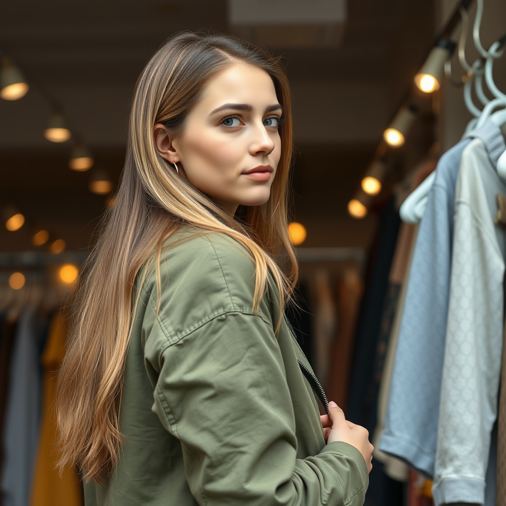 AI generated image by FLUX.1-schnell: Eine junge Frau alleine ist in einem Second-Hand-Kleidungs-Laden und hat Kleidung in der Hand. Die junge Frau hat lange braune Haare und eine grüne Jacke an. Die Frau ist von der Seite zu sehen. Im Hintergrund sind gemütliche Lichter eingeschaltet.