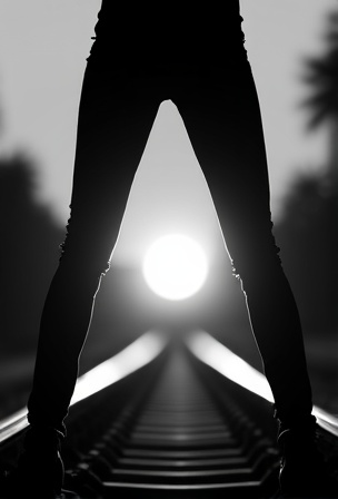 AI generated image by FLUX.1-image-to-image: The bnw silhouette of a woman's wide spreaded legs stands on railroad tracks. A train spotlight from the background shines between her legs.