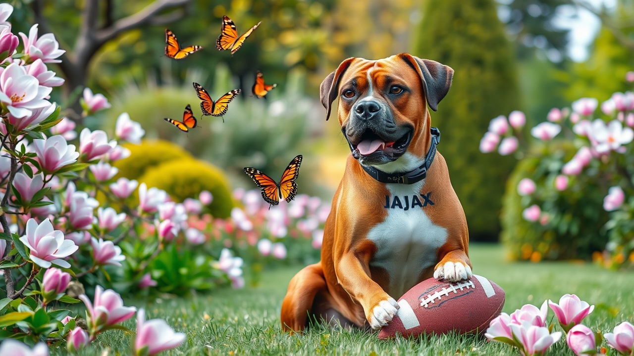 AI generated image by FLUX.1-schnell: A beautiful full body image of a brown boxer dog with Ajax on it's collar, he is all brown with a white chest and white front paws , he sits happy in a pink magnolia flower garden with butterflies flying and a detailed american football under it's front paw, surrounded by beautiful flowers, bushes, trees and greenery just curiously looking at the butterfly.