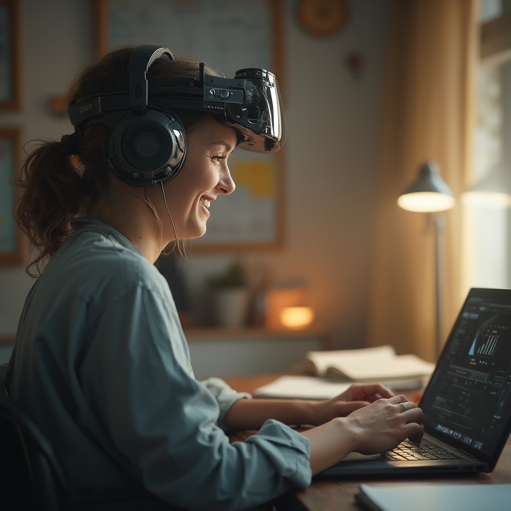 AI generated image by FLUX-Realism-Lora: Teacher wearing neural interface headset, smiling at AI assistant hovering nearby, warm classroom ambiance, ultra realistic