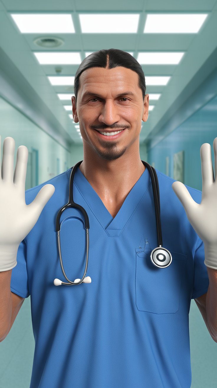 AI generated image by ideogram 2.0: Create a hyper-realistic image of Zlatan Ibrahimovic wearing a blue surgeon doctor uniform with a stethoscope around his neck. He is smiling and holding both hands up, gesturing to introduce himself. Both hands are wearing white surgical gloves. The background shows the interior of a hospital with a clean and professional atmosphere."