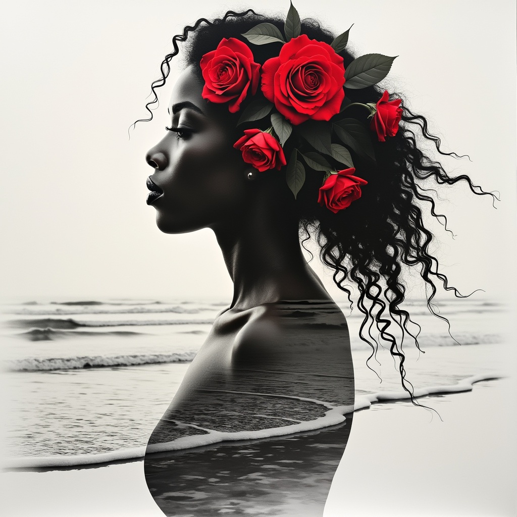 AI generated image by FLUX.1-pro: An exquisite ink painting on white paper using double exposure photography style, featuring the silhouette of an African American woman with long curly hair. Her volume-shaded silhouette merges seamlessly with beautiful red roses in her hair, their vibrant color standing out against the monochrome background. The background is a soft white, with the faint outline of a serene beach merging into the scene, giving an ethereal, dreamlike quality. The beach's soft waves and horizon gently fade into her silhouette, creating a harmonious fusion between nature and the human form.