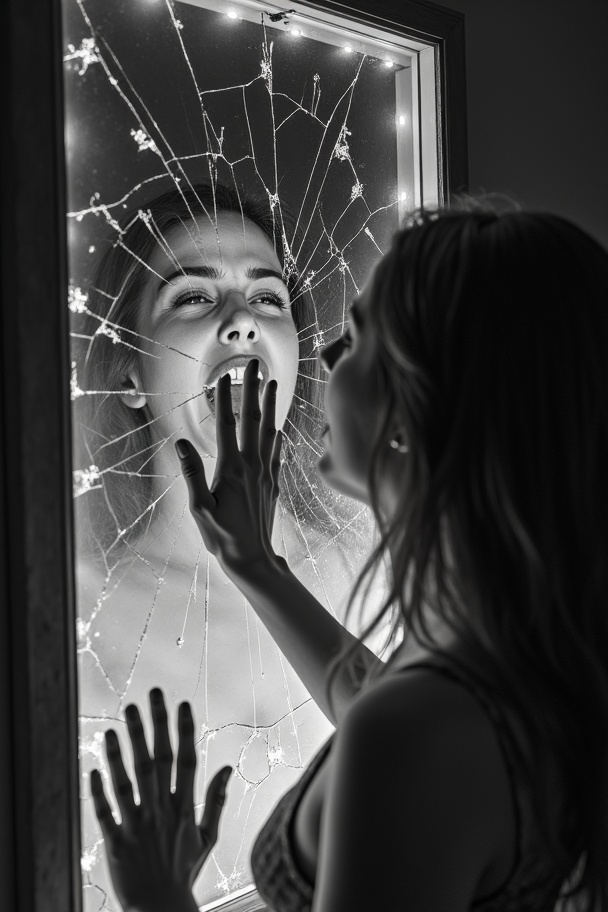 AI generated image by FLUX.1-image-to-image: a black and white photo of a woman touching a shattered mirror, with cracks radiating from the reflection of her screaming mouth. Dramatic low-key lighting. Backlight.