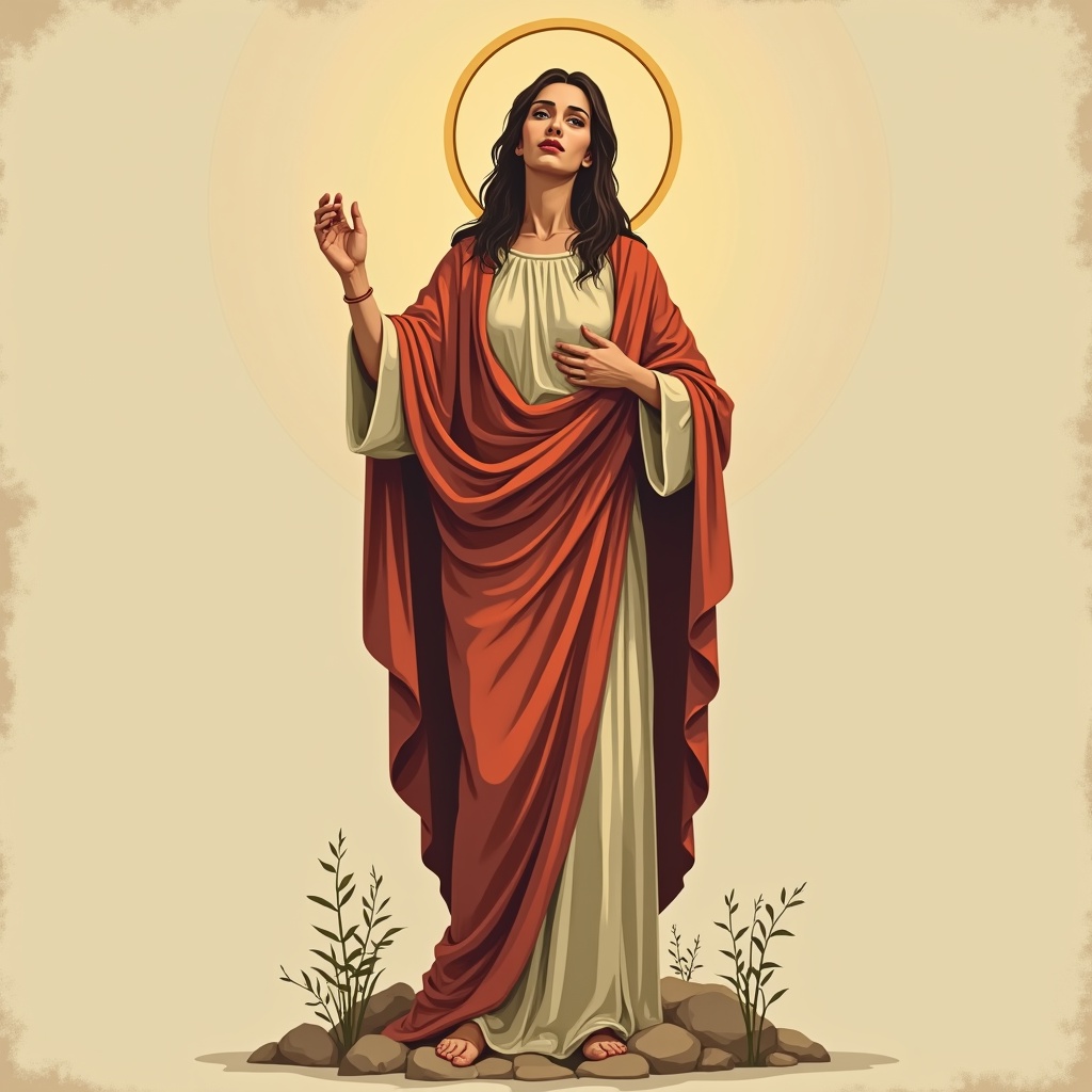 AI generated image by FLUX.1: A woman standing. The use of earthy tones, flat colors, and strong outlines suggests a connection to historical traditions, possibly akin to Byzantine or early Christian art use only flat colors The stylization of the figure, with an emphasis on facial features and symbolic gestures, also contributes to a sense of spirituality or reverence. Overall, it represents a blend of ancient aesthetics with a contemporary artistic interpretation.