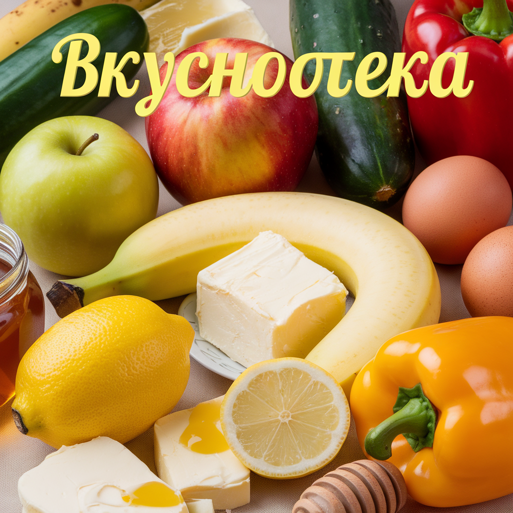 AI generated image by ideogram 2.0: Много разной еды и продуктов обзор желтый цвет преобладает и надпись ВКУСНОТЕКА