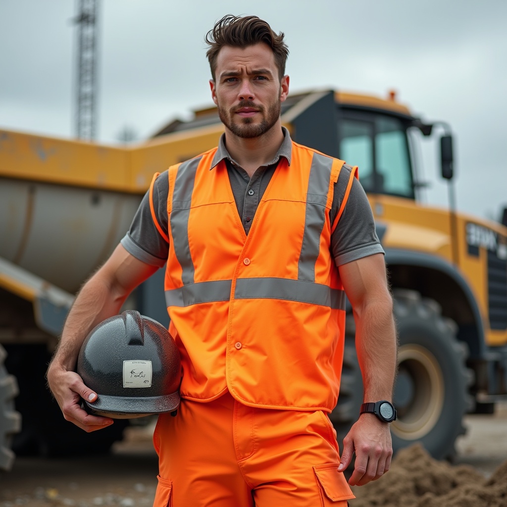 AI generated image by FLUX.1: Einen attraktiven Mann mitte 30 mit karamellfarbener Haut und schwarzen leicht gelockten Haaren. Grüne Augen und muskulöser, grosser Statur der in orangefarbener Hiviskleidung auf einer Baustelle vor einer Teermaschine steht und einen Helm in der Hand hält