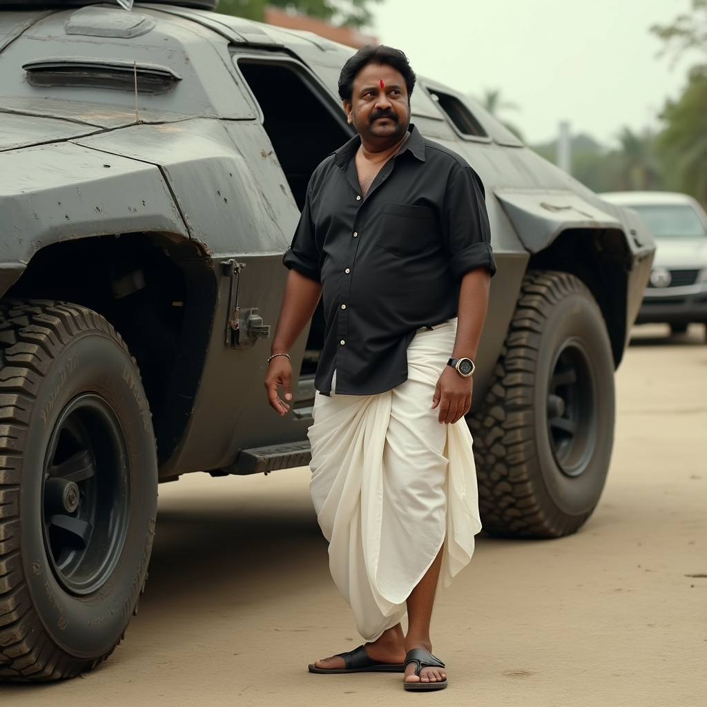 AI generated image by FLUX.1-pro: Full shot of a indian actor mamootty standing beside a space ship
The man is middle-aged, with short dark hair and a noticeable build. He is wearing a black collared shirt and a white dhoti-style garment. His expression is neutral. He is wearing black sandals.
The space ship is dark gray/black. It has large tires visible on both sides of the vehicle. The space ship open passenger-side door is ajar, revealing the interior. There are typical space ship features like a sturdy frame, prominent fenders, and roof rails.
The ground is a light beige-tan color, with a sidewalk-style pattern. Parts of other vehicles are visible in the background, blurred, suggestive of a street setting.
The background includes parts of some foliage and a clear, light-gray sky. The lighting suggests an outdoor setting during the day.