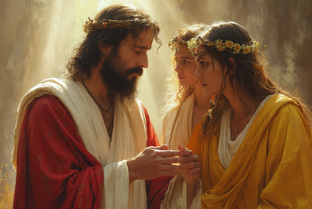 AI generated image by FLUX-Realism-Lora: Jesus from the Bible with short hair, beard and mustache dressed in white red and yellow colors, comforting two women who have lost their brother with an environment from his time outdoors
