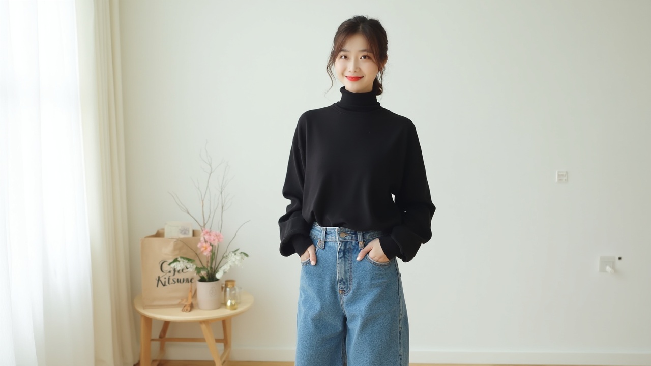 AI generated image by FLUX-Realism-Lora: a korean pretty woman standing confidently in a minimalist, well-lit indoor space. She is dressed in a sleek and casual outfit, exuding effortless style and charm. Her attire consists of a black turtleneck sweater with a loose, comfortable fit that gives off a cozy yet chic vibe. The long sleeves add to the polished and relaxed look.
She pairs the sweater with high-waisted blue jeans that fit snugly around the waist and hips, gradually flaring out towards the hem. The jeans have a classic design with no visible embellishments, emphasizing simplicity and timeless fashion. She is also wearing black shoes, blending seamlessly with the overall outfit and complementing the black turtleneck.
Her hair is styled in a neat, low bun with loose strands framing her face, enhancing her natural elegance. She wears a subtle smile, radiating confidence and warmth, while her makeup is minimal, with a touch of red lipstick that adds a pop of color to her look.
In the background, there is a small wooden side table on the left. The table holds a variety of decorative items, including a light brown paper bag with the text “Café Kitsuné,” some flowers in soft pink and white tones, and a cup, creating a cozy and welcoming atmosphere. The table’s design is simple, with clean lines that match the minimalist decor of the room.
The setting is bright, with soft, natural light streaming in from the left through sheer white curtains. The floor is made of light wood, complementing the clean white walls and contributing to the serene and airy environment. A small wall socket near the floor provides a subtle touch of modernity to the otherwise simple decor.
The overall composition highlights the woman’s stylish yet understated outfit, her poised posture, and the harmonious, uncluttered environment around her. The scene feels both modern and inviting, with an emphasis on natural light and minimalist aesthetics.
Rendered in ultra-high-resolution 8K, designed for photorealistic detail and vivid realism."