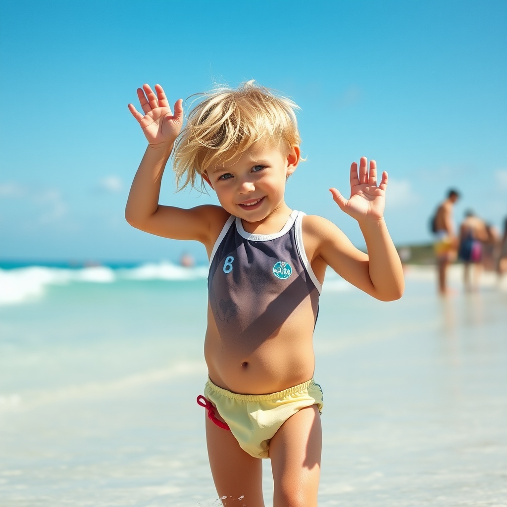 AI generated image by FLUX.1-schnell: garçon de six ans blond en mini maillot de bain sur la plage