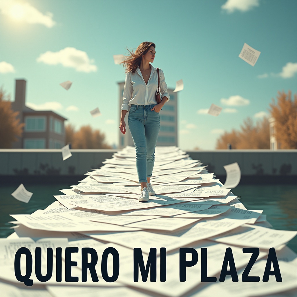 AI generated image by FLUX.1: Design a hyper-realistic and motivational podcast cover for 'Quiero mi Plaza'. The image should depict a woman walking carefully across a bridge made of exam papers and notes, symbolizing the challenge of passing the healthcare exam to achieve her goal. At the end of the bridge, in the distance, a hospital is clearly visible, representing the final destination.
The woman should wear casual but professional clothing, looking determined as she carefully navigates the unstable bridge. Some papers should be flying away, symbolizing the difficulty and uncertainty of the journey. The perspective should be slightly low-angled, creating depth and emphasizing the challenge ahead.
The lighting should be natural and balanced, avoiding dramatic cinematic tones. The color palette should be warm and neutral, incorporating tones of beige, blue, and soft grays for a more realistic and approachable look.
At the bottom of the image, the text 'QUIERO MI PLAZA' must be in bold, modern sans-serif typography, spanning the entire width from left to right with no empty space. The text must be large, thick, and evenly spaced, dominating the entire lower third of the image without any obstruction.
'QUIERO' must be in white.
'MI PLAZA' must be in another contrasting color (e.g., deep blue or dark red) to stand out.
The image should feel realistic, powerful, and highly detailed, conveying the effort, uncertainty, and perseverance required to succeed in the medical exam