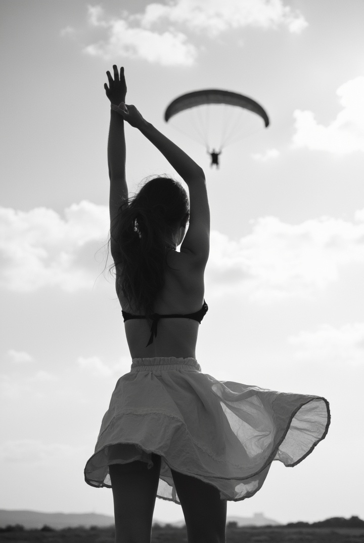 AI generated image by FLUX-Realism-Lora: Black and white photo of young topless bare back woman in short skirt from behind swinging her bra in her Stretched up hand above. a paraglider flying above her. Sky background. Backlight