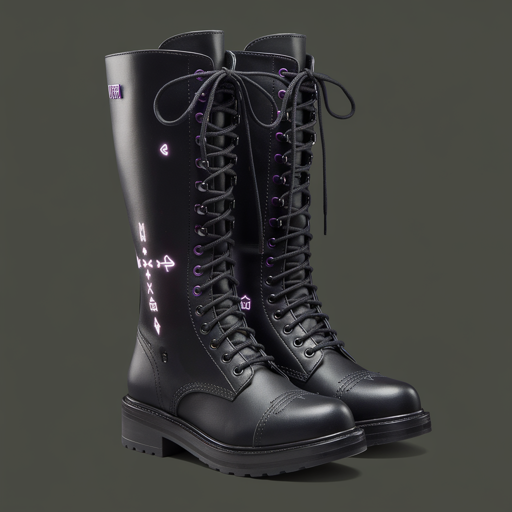 AI generated image by ideogram 2.0: Color: Black with dark purple accents.
Design: Knee-high boots in matte black leather with dark purple laces or stitching. The boots have a slight platform and a pointed toe for an edgy look.
Details: Add faint glowing patterns (e.g., runes or symbols) along the sides of the boots.
