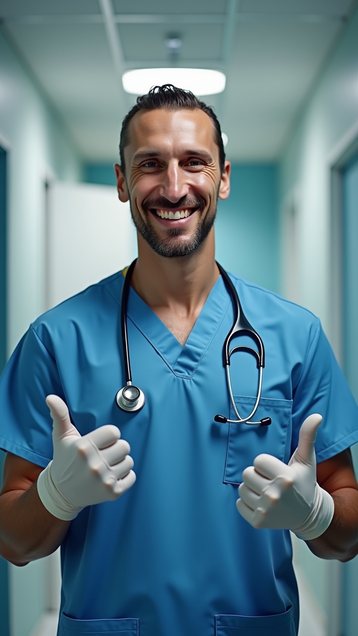 AI generated image by FLUX.1: Create a hyper-realistic image of Zlatan Ibrahimovic wearing a blue surgeon doctor uniform with a stethoscope around his neck. He is smiling and holding both hands up, gesturing to introduce himself. Both hands are wearing white surgical gloves. The background shows the interior of a hospital with a clean and professional atmosphere."